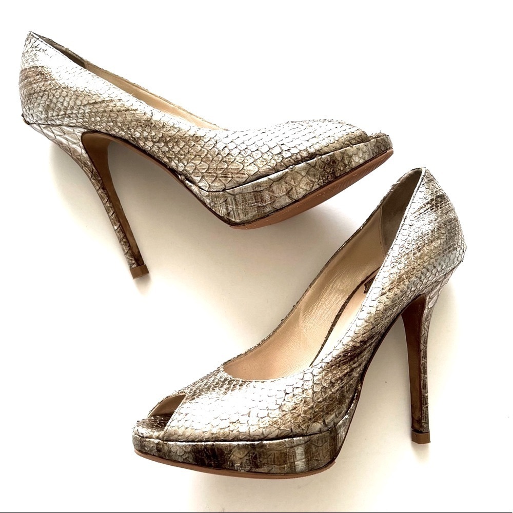 Christian Dior Platinum Snake Skin Peep-toe Heels 36